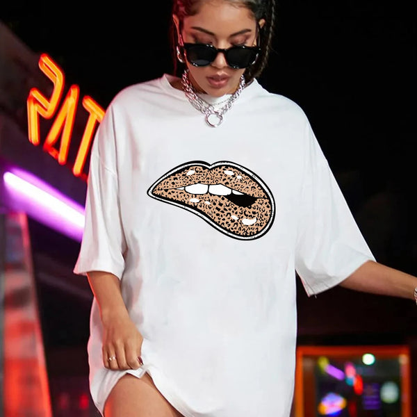 Women's summer casual Leopard print lip print loose size round neck short sleeved T-shirt dress