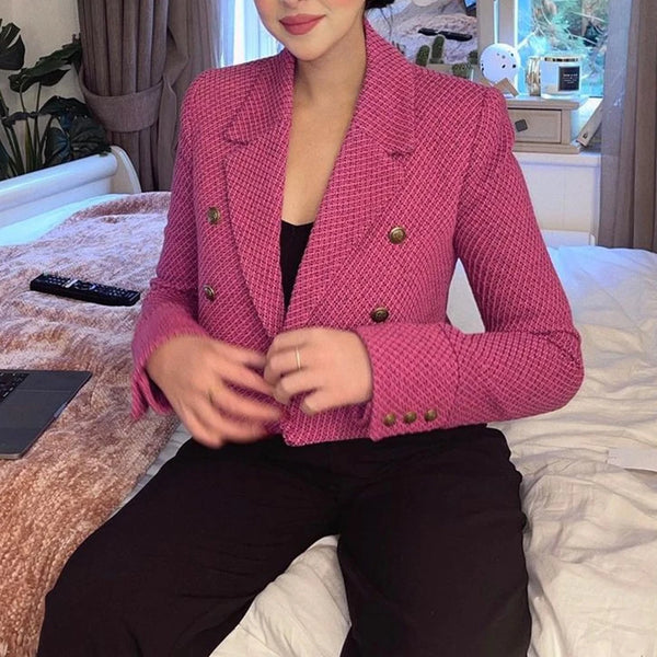 XEASY  Tweed Women Vintage Rose Red Plaid Long Sleeve Office Lady Blazer Female Double Breasted Streetweaer Jacket Short Top