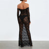 Xingqing Lace Off Shoulder Dress Women Sheer Lace Flower See Through Long Sleeve Bodycon Dresses y2k Going Out Cocktail Dresses