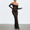 Xingqing Lace Off Shoulder Dress Women Sheer Lace Flower See Through Long Sleeve Bodycon Dresses y2k Going Out Cocktail Dresses