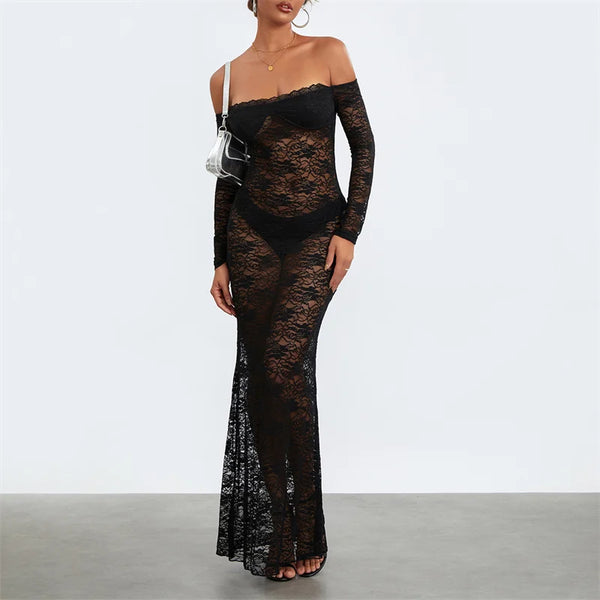 Xingqing Lace Off Shoulder Dress Women Sheer Lace Flower See Through Long Sleeve Bodycon Dresses y2k Going Out Cocktail Dresses