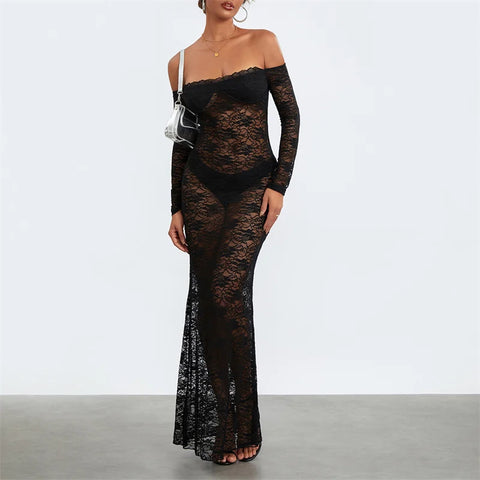 Xingqing Lace Off Shoulder Dress Women Sheer Lace Flower See Through Long Sleeve Bodycon Dresses y2k Going Out Cocktail Dresses