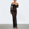Xingqing Lace Off Shoulder Dress Women Sheer Lace Flower See Through Long Sleeve Bodycon Dresses y2k Going Out Cocktail Dresses