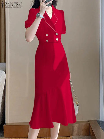 ZANZEA 2024 Women Mermaid Long Shirt Dress Puff Short Sleeve Elegant Casual Slimming Midi Fishtail Dresses Solid Buttons Vestido