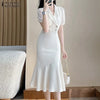 ZANZEA 2024 Women Mermaid Long Shirt Dress Puff Short Sleeve Elegant Casual Slimming Midi Fishtail Dresses Solid Buttons Vestido