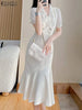 ZANZEA 2024 Women Mermaid Long Shirt Dress Puff Short Sleeve Elegant Casual Slimming Midi Fishtail Dresses Solid Buttons Vestido