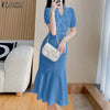 ZANZEA 2024 Women Mermaid Long Shirt Dress Puff Short Sleeve Elegant Casual Slimming Midi Fishtail Dresses Solid Buttons Vestido