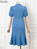 ZANZEA 2024 Women Mermaid Long Shirt Dress Puff Short Sleeve Elegant Casual Slimming Midi Fishtail Dresses Solid Buttons Vestido
