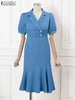 ZANZEA 2024 Women Mermaid Long Shirt Dress Puff Short Sleeve Elegant Casual Slimming Midi Fishtail Dresses Solid Buttons Vestido