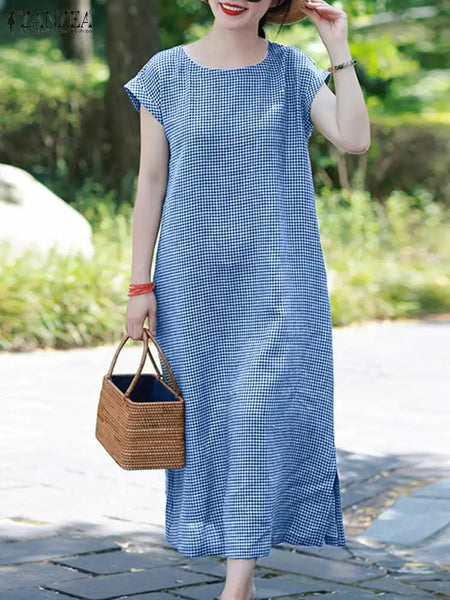 ZANZEA 2024 Women Summer Short Sleeve Belted Dress Casual Loose Long Plaid Vestidos Korean Elegant Split Hem Holiday Robe Dress