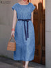 ZANZEA 2024 Women Summer Short Sleeve Belted Dress Casual Loose Long Plaid Vestidos Korean Elegant Split Hem Holiday Robe Dress