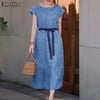 ZANZEA 2024 Women Summer Short Sleeve Belted Dress Casual Loose Long Plaid Vestidos Korean Elegant Split Hem Holiday Robe Dress