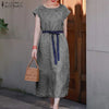ZANZEA 2024 Women Summer Short Sleeve Belted Dress Casual Loose Long Plaid Vestidos Korean Elegant Split Hem Holiday Robe Dress