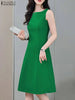 ZANZEA Sexy Boat Neck Sleeveless Dress Women Textured Fabric Tank Sundress Elegant Waisted Party Vestidos 2024 Summer Short Robe