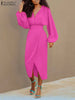 ZANZEA Sexy Long Dress V Neck Collect Waist Sheath Midi Dresses 2024 Women Party Long Lantern Sleeve Split Vestidos Robe