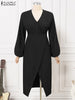 ZANZEA Sexy Long Dress V Neck Collect Waist Sheath Midi Dresses 2024 Women Party Long Lantern Sleeve Split Vestidos Robe