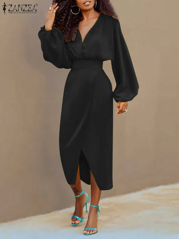 ZANZEA Sexy Long Dress V Neck Collect Waist Sheath Midi Dresses 2024 Women Party Long Lantern Sleeve Split Vestidos Robe