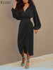 ZANZEA Sexy Long Dress V Neck Collect Waist Sheath Midi Dresses 2024 Women Party Long Lantern Sleeve Split Vestidos Robe