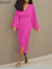 ZANZEA Sexy Long Dress V Neck Collect Waist Sheath Midi Dresses 2024 Women Party Long Lantern Sleeve Split Vestidos Robe