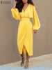 ZANZEA Sexy Long Dress V Neck Collect Waist Sheath Midi Dresses 2024 Women Party Long Lantern Sleeve Split Vestidos Robe