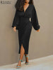 ZANZEA Sexy Long Dress V Neck Collect Waist Sheath Midi Dresses 2024 Women Party Long Lantern Sleeve Split Vestidos Robe