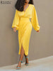 ZANZEA Sexy Long Dress V Neck Collect Waist Sheath Midi Dresses 2024 Women Party Long Lantern Sleeve Split Vestidos Robe
