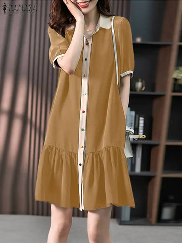 ZANZEA Women 2024 Summer Casual Vestido Short Sleeve Shirtdress Loose Lapel Mini Dress Colored Buttons Ruffled Hem Robes