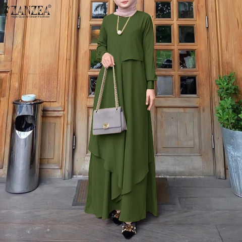 ZANZEA Women Autumn Vintage Long Sleeve Dubai Sundress Turkey Abaya Hijab Muslim Dress Casual Islamic Clothing Marocain Robe