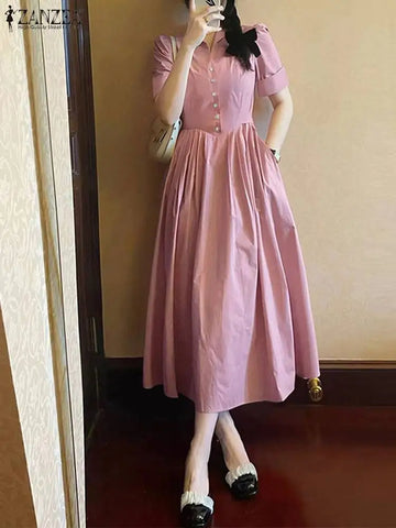 ZANZEA Women Casual Lapel Maxi Dress 2024 Summer Office Button Shirtdress Work OL Solid Dress Elegant Pleated Party Robe