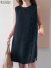 ZANZEA Women Cotton Sleeveless Dress 2024 Summer Tank Buttons Sundress Casual Round Neck Linen Mini Dress Holiday A-line Vestido