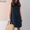 ZANZEA Women Cotton Sleeveless Dress 2024 Summer Tank Buttons Sundress Casual Round Neck Linen Mini Dress Holiday A-line Vestido