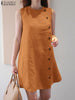 ZANZEA Women Cotton Sleeveless Dress 2024 Summer Tank Buttons Sundress Casual Round Neck Linen Mini Dress Holiday A-line Vestido
