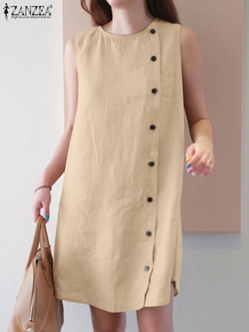ZANZEA Women Cotton Sleeveless Dress 2024 Summer Tank Buttons Sundress Casual Round Neck Linen Mini Dress Holiday A-line Vestido