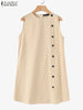 ZANZEA Women Cotton Sleeveless Dress 2024 Summer Tank Buttons Sundress Casual Round Neck Linen Mini Dress Holiday A-line Vestido