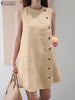 ZANZEA Women Cotton Sleeveless Dress 2024 Summer Tank Buttons Sundress Casual Round Neck Linen Mini Dress Holiday A-line Vestido