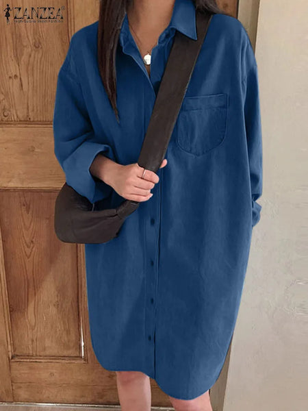 ZANZEA Women Denim Shirt Dress Elegant Lapel Neck Long Sleeve Vestidos Solid Casual Party Dress 2024 Summer Holiday Female Robe