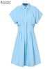 ZANZEA Women Elegant Dress Streetwear Pleated Mini Dress Turn Down Collar Short Sleeve Shirtdress Summer Casual Vestidos