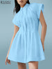 ZANZEA Women Elegant Dress Streetwear Pleated Mini Dress Turn Down Collar Short Sleeve Shirtdress Summer Casual Vestidos