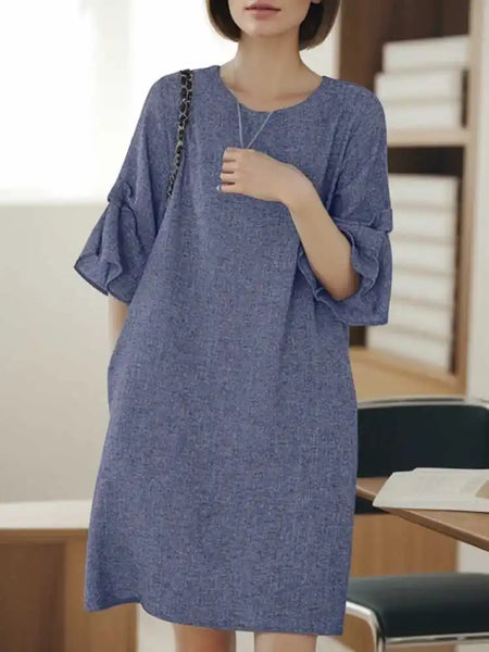 ZANZEA Women Half Flared Sleeve Sundress 2024 Summer Round Neck Loose Knee-length Vestidos Solid Holiday Pocket Dresses Oversize
