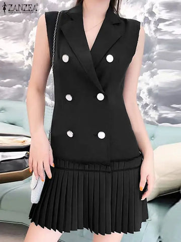 ZANZEA Women Sleeveless Pleated Suit Dress 2024 Summer Suit Collar Buttons Tank Short Robe Elegant Office Collect Waist Vestidos