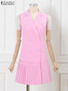 ZANZEA Women Sleeveless Pleated Suit Dress 2024 Summer Suit Collar Buttons Tank Short Robe Elegant Office Collect Waist Vestidos