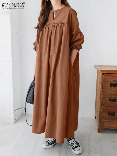 ZANZEA Women Solid Oversized Dress Long Sleeve Long Vestidos 2024 Spring Pleating Robe Casual Dropped Shoulder Dresses