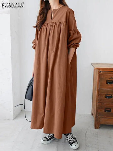 ZANZEA Women Solid Oversized Dress Long Sleeve Long Vestidos 2024 Spring Pleating Robe Casual Dropped Shoulder Dresses
