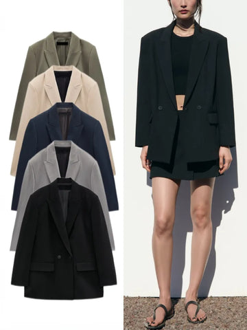 ZBZA Women's   Double Breasted Loose Fitting Blazer Coat Vintage Long Sleeve Pockets Female Outerwear Chic Veste Femme