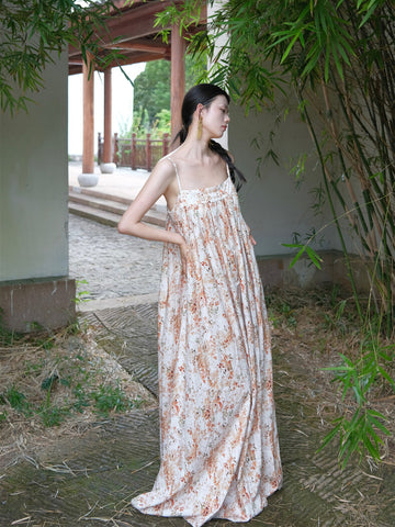 Jinyue Youxian Qun Floral Print Swing Dress Holiday Style Oil Painting Cami Sleeveless Maxi