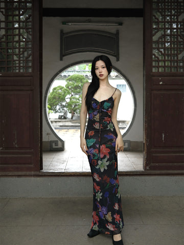Courtyard Lily Skirt Ink-Color Exquisite Retro Flower Chinese Style Waist-Cinching Elegant Dress