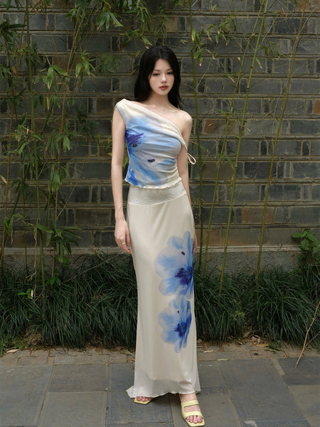 Plain Porcelain Blurred Chiffon Skirt Blue and Purple Peony Flower One-Word Collar Lace Splicing Irregular New Chinese Style Set