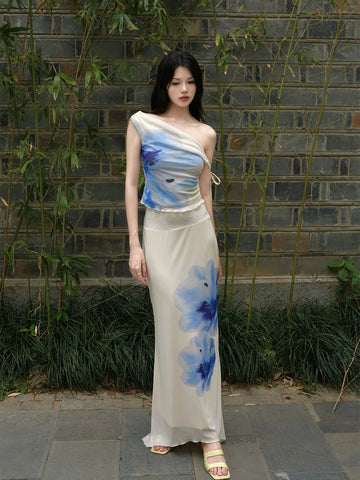 Plain Porcelain Blurred Chiffon Skirt Blue and Purple Peony Flower One-Word Collar Lace Splicing Irregular New Chinese Style Set