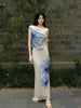 Plain Porcelain Blurred Chiffon Skirt Blue and Purple Peony Flower One-Word Collar Lace Splicing Irregular New Chinese Style Set