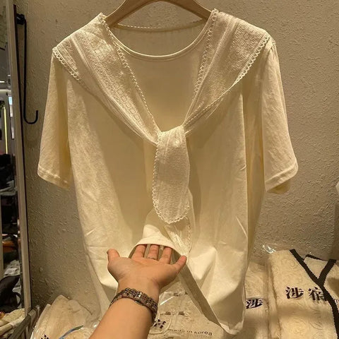 Plus Size Summer New-Style Lace Design Patchwork Short-Sleeve Relaxed Fit T-Shirt Fits 220-331 lb